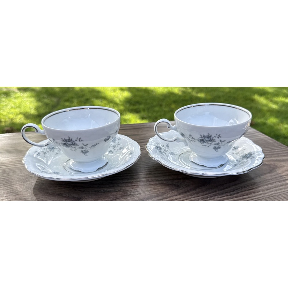 Johann Haviland Blue Garland Footed Tea Cup & Saucer Bavaria Germany Set of 2